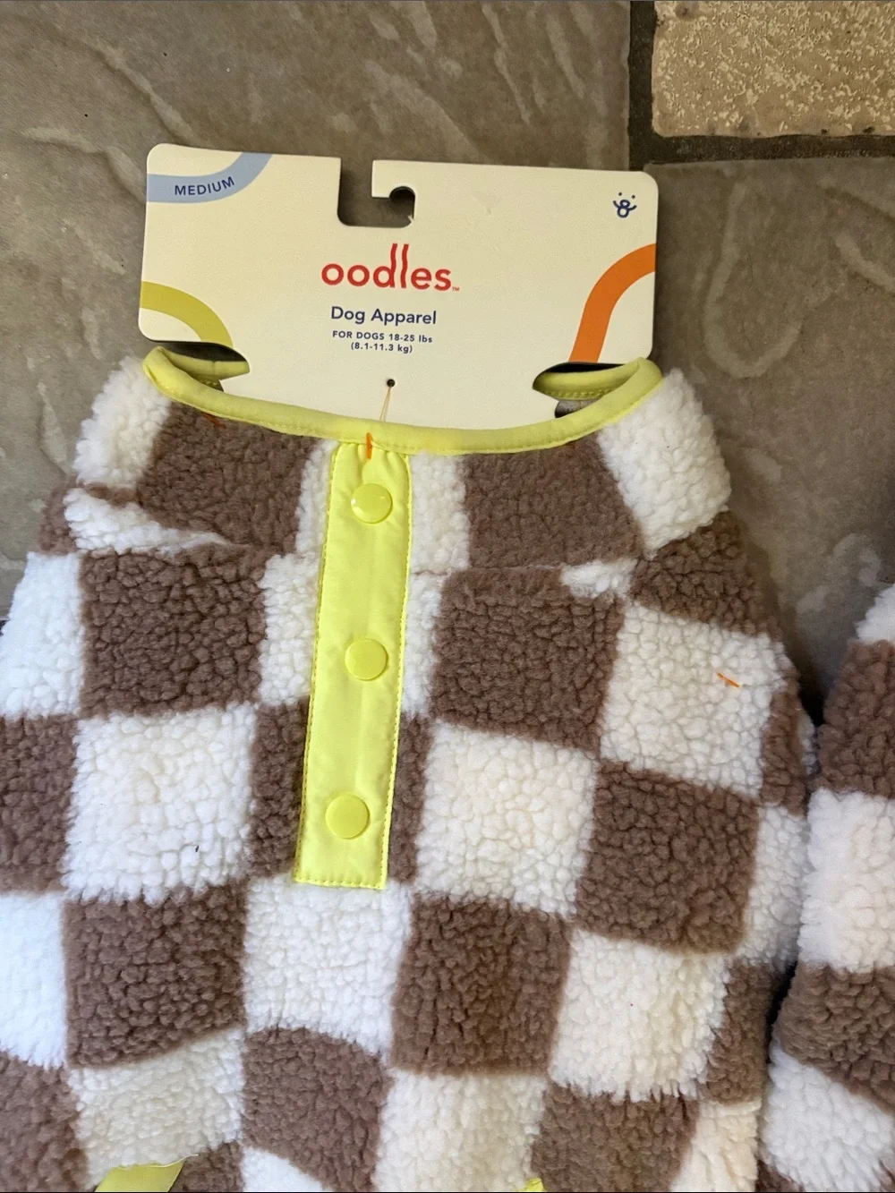 Oodles Checkerboard Sherpa Dog Sweater - Brown & Cream with Lime lot 2